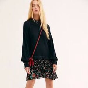 Free People Opposites Attract Mini Dress Black Waffle Top Floral Tiered Skirt XS